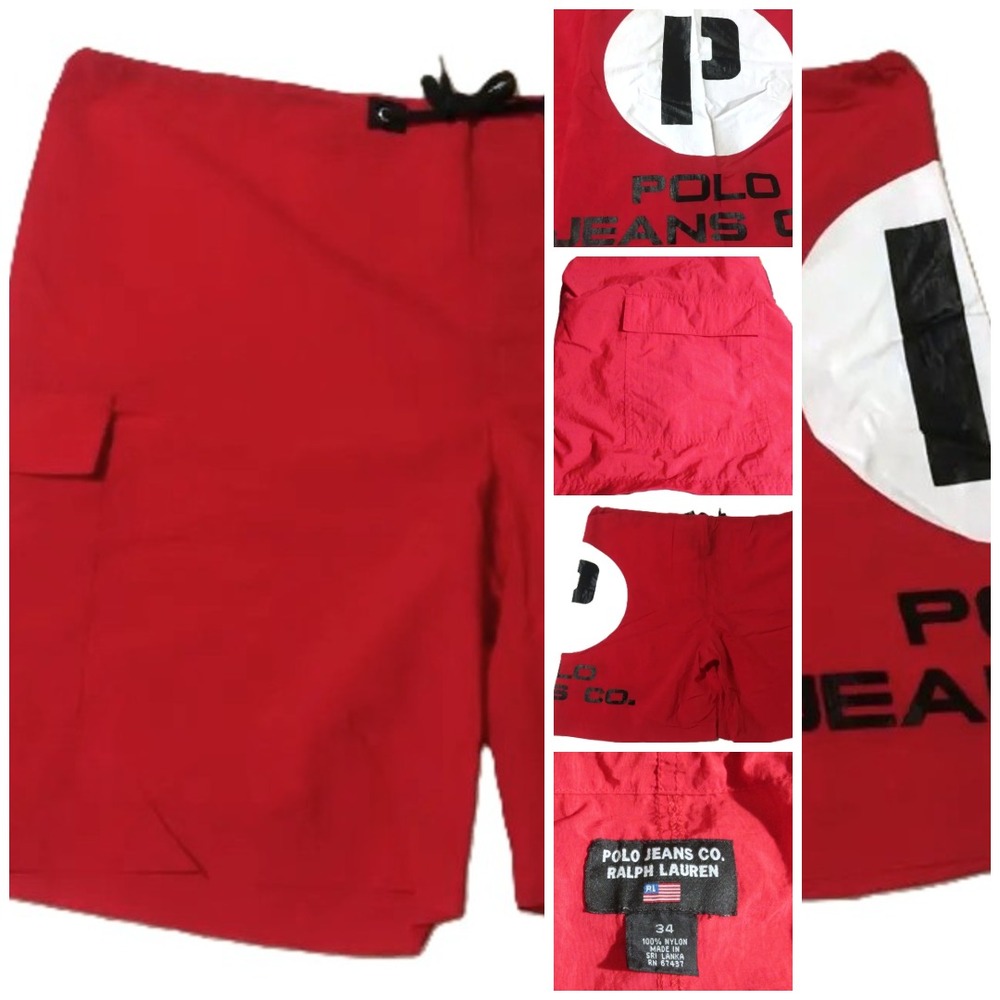 Vtg 90's Polo Ralph Lauren Jean Board Short 34x8 Swim Trunk Red Stadium Spellout